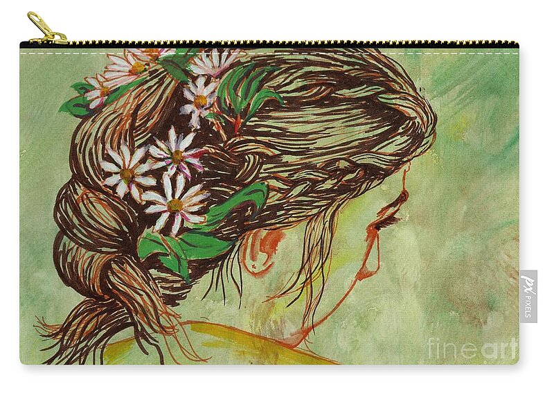 Braided Hair Zip Pouch featuring the painting Flowers in Her Hair by Tammy Nara
