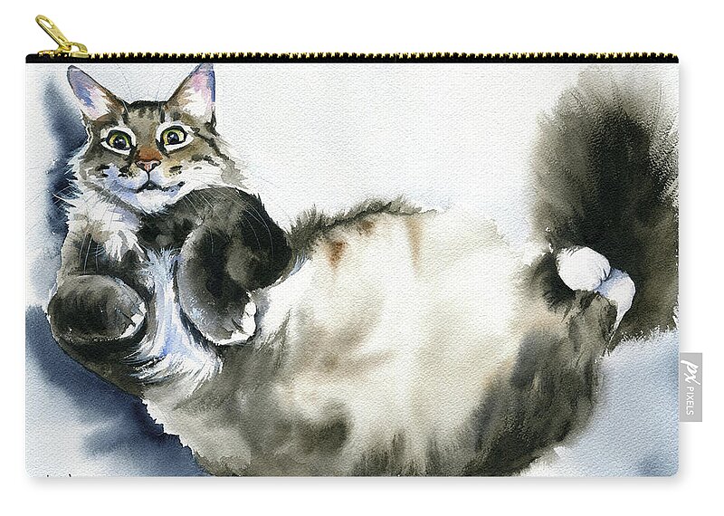 Cats Zip Pouch featuring the painting Fluffy Lucky Cat Painting by Dora Hathazi Mendes