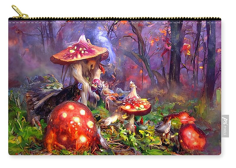 Mushrooms Zip Pouch featuring the digital art Fly Agaric in the Magic Forest by Annalisa Rivera-Franz