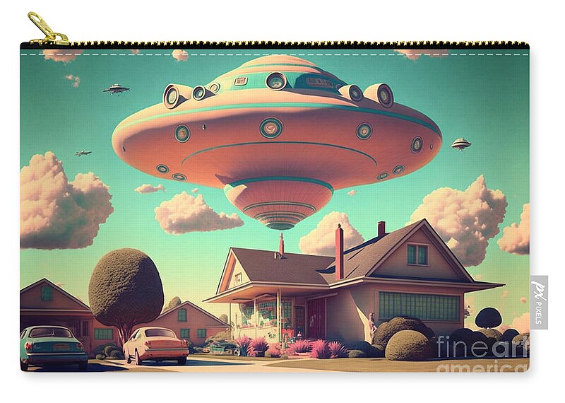 Flying Zip Pouch featuring the mixed media Flying Saucer Frenzy I by Jay Schankman