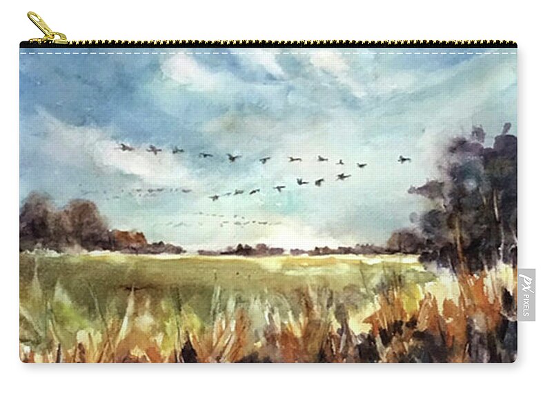 Landscape Zip Pouch featuring the painting Flying South by Judith Levins