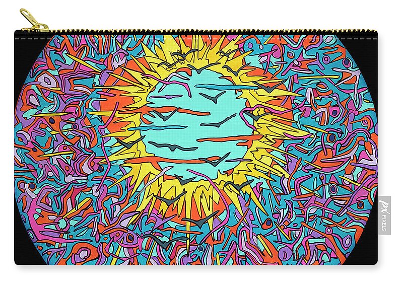 Flying Psychedelic Pop Art Colorful Sun Zip Pouch featuring the painting Flying through the Sun by Mike Stanko