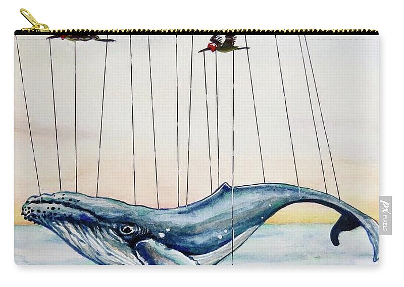 Watercolor Painting Zip Pouch featuring the painting Flying Whale by Geni Gorani