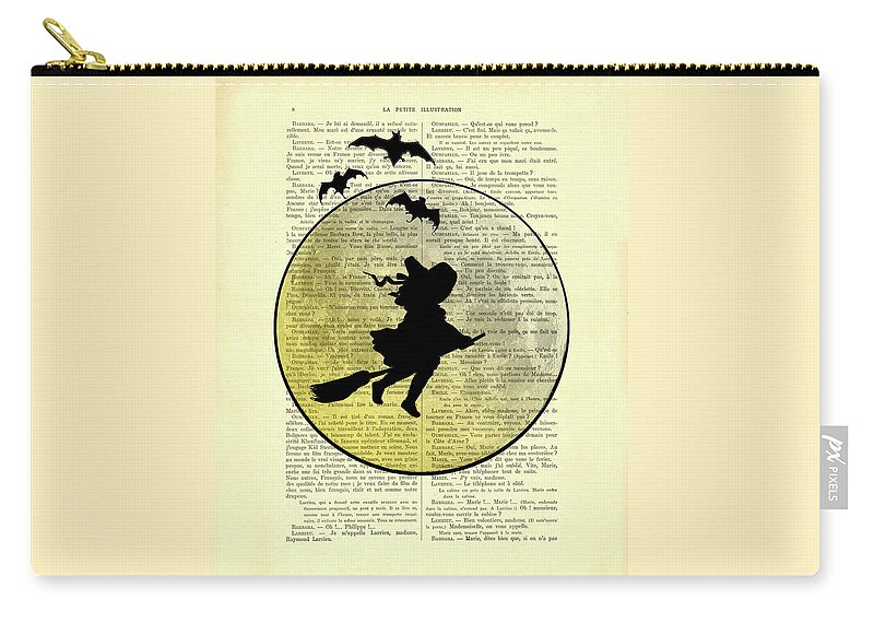 Halloween Carry-all Pouch featuring the digital art Flying Witch With Full Moon by Madame Memento