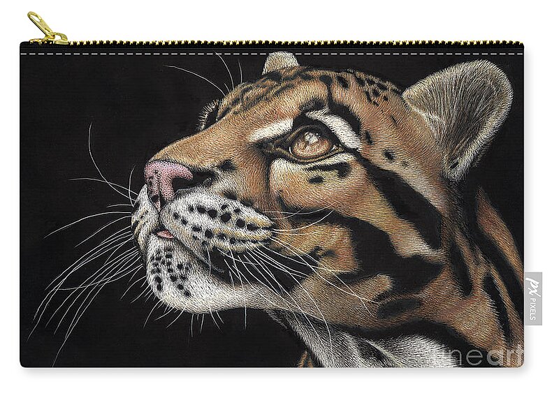 Clouded Leopard Zip Pouch featuring the drawing Focus by Sheryl Unwin