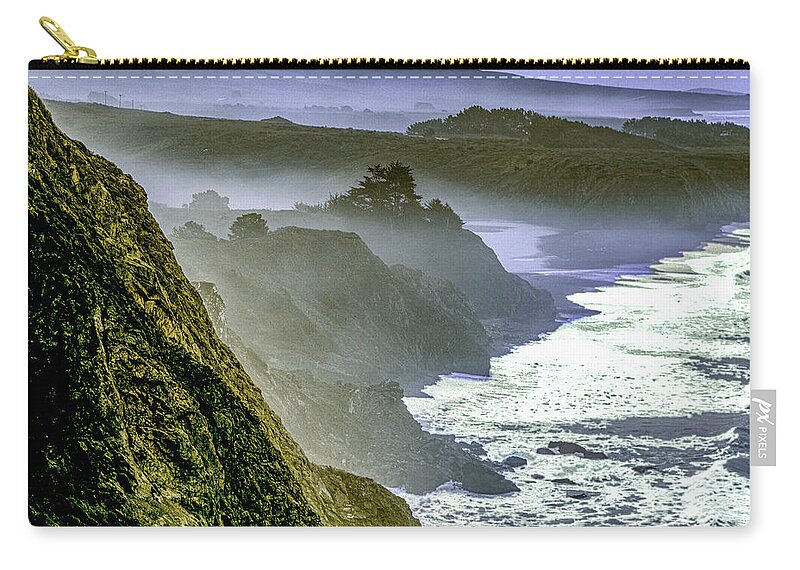Hills Zip Pouch featuring the photograph Foggy Misty Coastline by Randy Bradley