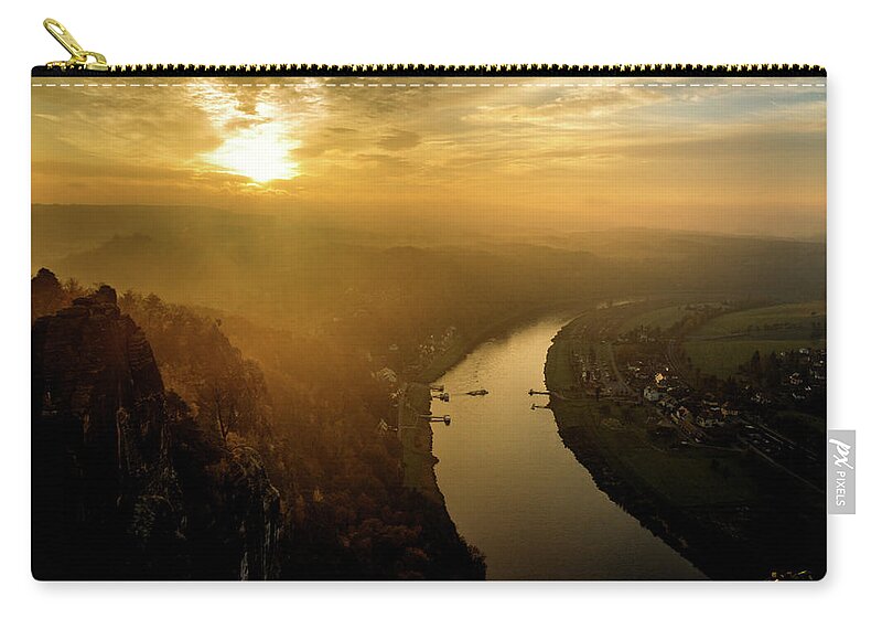 Saxon Switzerland Zip Pouch featuring the photograph Foggy sunrise at the Elbe by Sun Travels