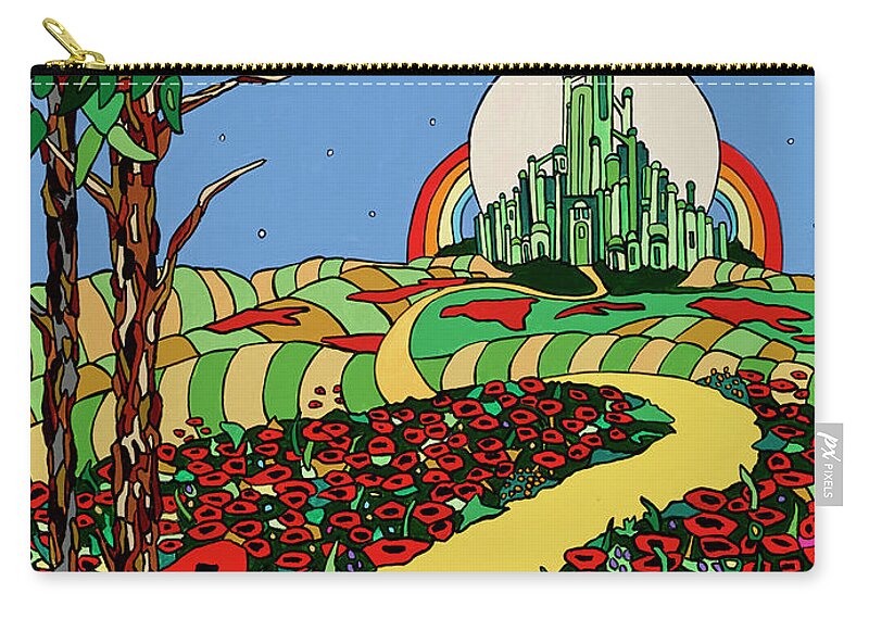 Wizard Of Oz Dorothy Toto Red Slippers Scarecrow Cowardly Lion Tin Man Wicked Witch Zip Pouch featuring the painting Follow the Yellow Brick Road by Mike Stanko