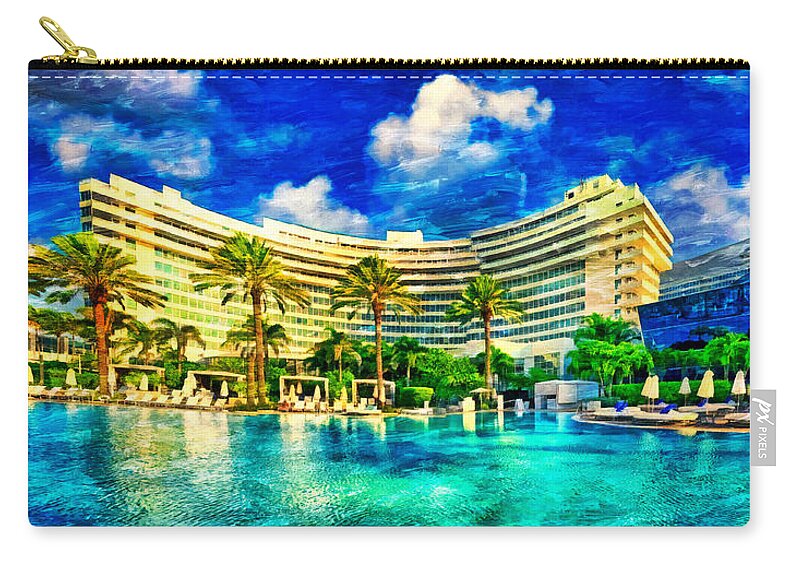 Fontainebleau Miami Beach Zip Pouch featuring the digital art Fontainebleau Miami Beach seen from the swimming pool - oil painting by Nicko Prints