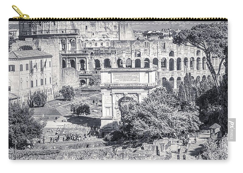 Italian Scene Carry-all Pouch featuring the photograph Forum Romanum with The Colosseum in the background BW by Stefano Senise