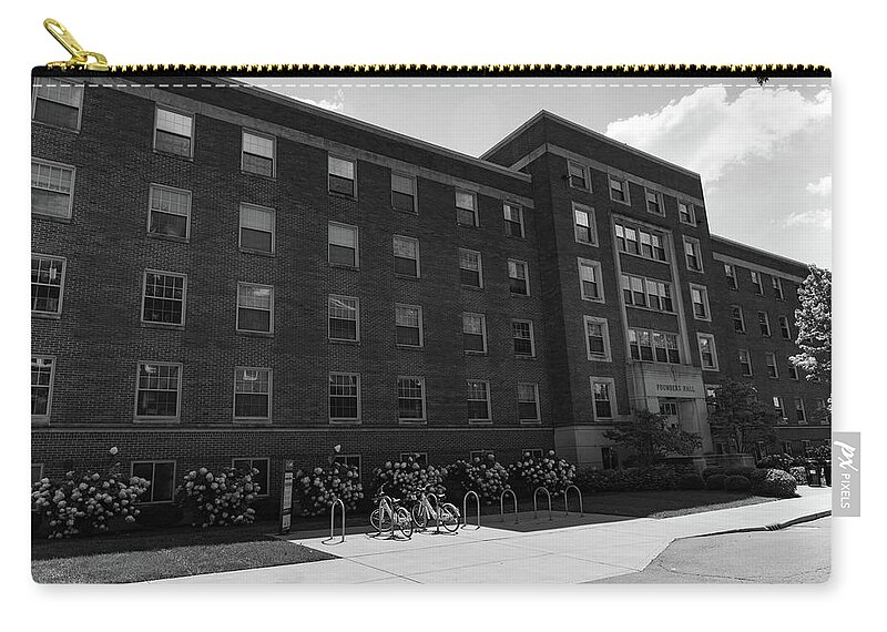 Private College Zip Pouch featuring the photograph Founders Hall at the University of Dayton in black and white by Eldon McGraw