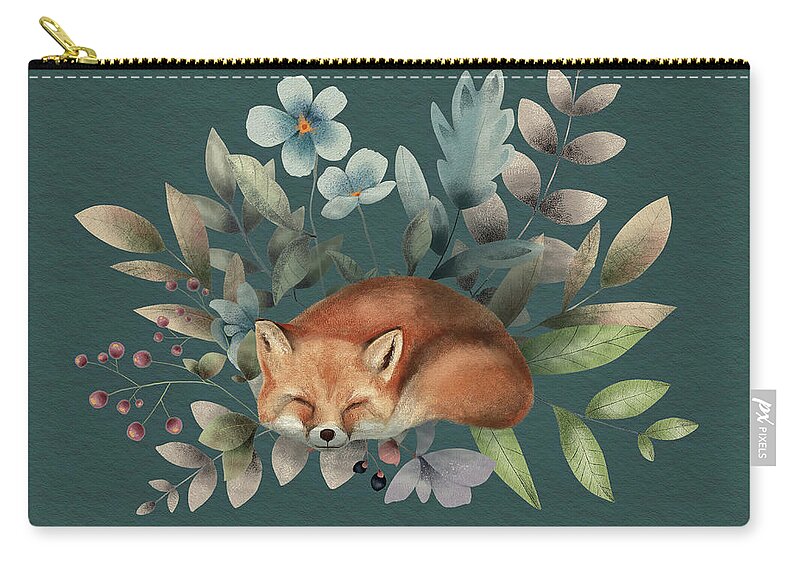 Fox Carry-all Pouch featuring the painting Fox With Flowers by Garden Of Delights