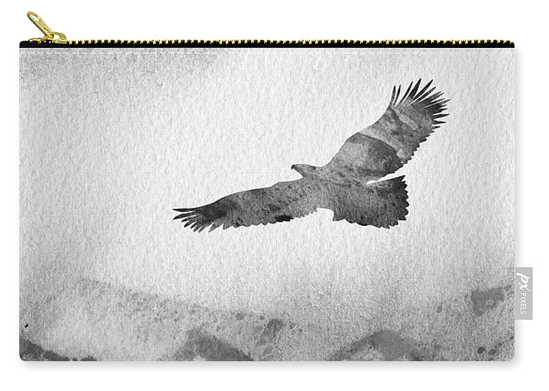 Eagle Hawk Bird Zip Pouch featuring the painting Free Flight Watercolor Silhouette Eagle Black White Gray by Irina Sztukowski