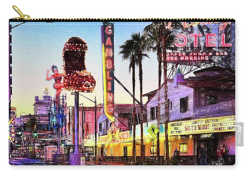 Fremont Street Zip Pouch featuring the mixed media Fremont Street Neon Signs - Digital Colored Pencil by Tatiana Travelways