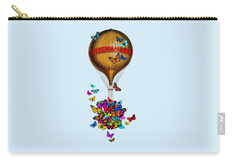 French Zip Pouch featuring the digital art French hot air balloon with rainbow butterflies basket by Madame Memento