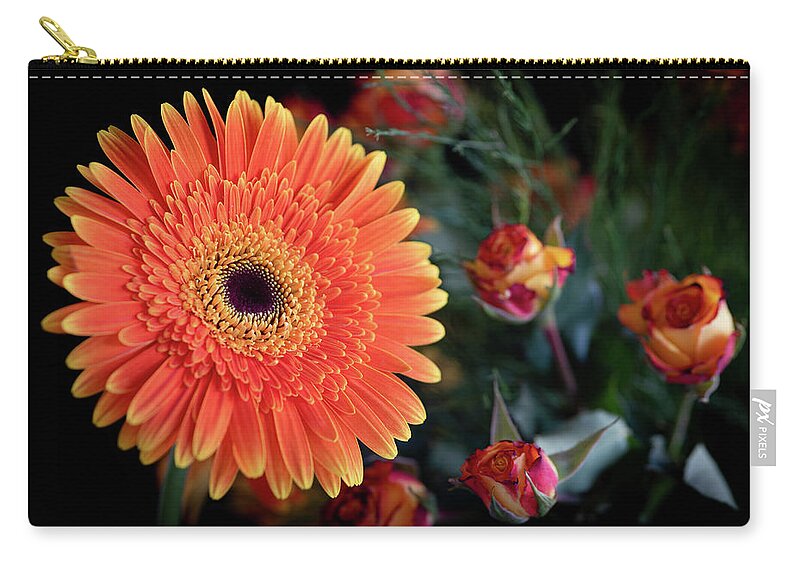 Daisies Carry-all Pouch featuring the photograph Fresh beautiful orange daisy flower blossom. Blooming flower by Michalakis Ppalis