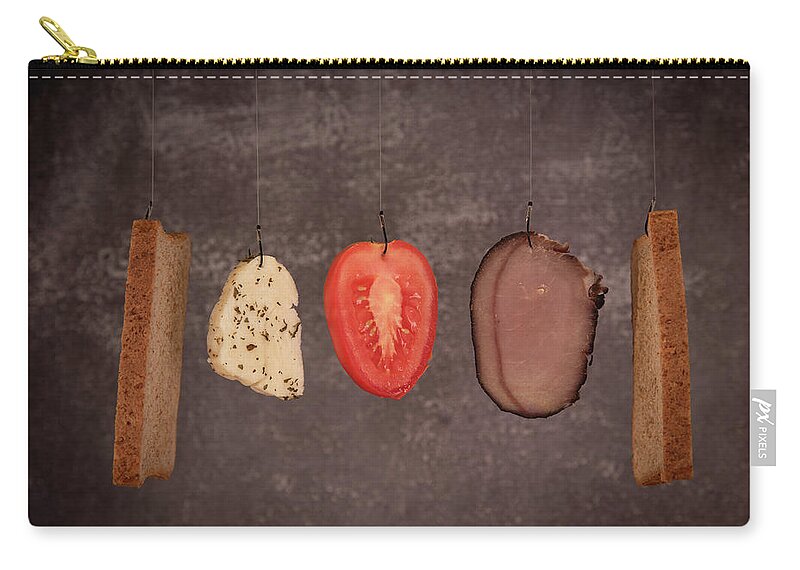 Breakfast Zip Pouch featuring the photograph Fresh healthy sandwich ingredients. Cheese, tomato, meat, bread and halloumi by Michalakis Ppalis