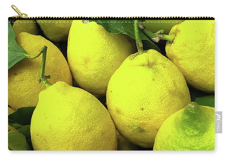 Italy   Color Image     Vertical     Amalfi Coast ×travel ×no People ×travel Destinations ×town ×famous Place ×village ×sorrento - Italy ×campania ×outdoors ×italian Culture ×european Union ×lemon - Fruit ×freshness ×market Stall ×food ×fruit ×citrus Fruit ×leaf ×ripe ×close-up ×agriculture × Zip Pouch featuring the photograph Fresh Lemons by Marian Tagliarino