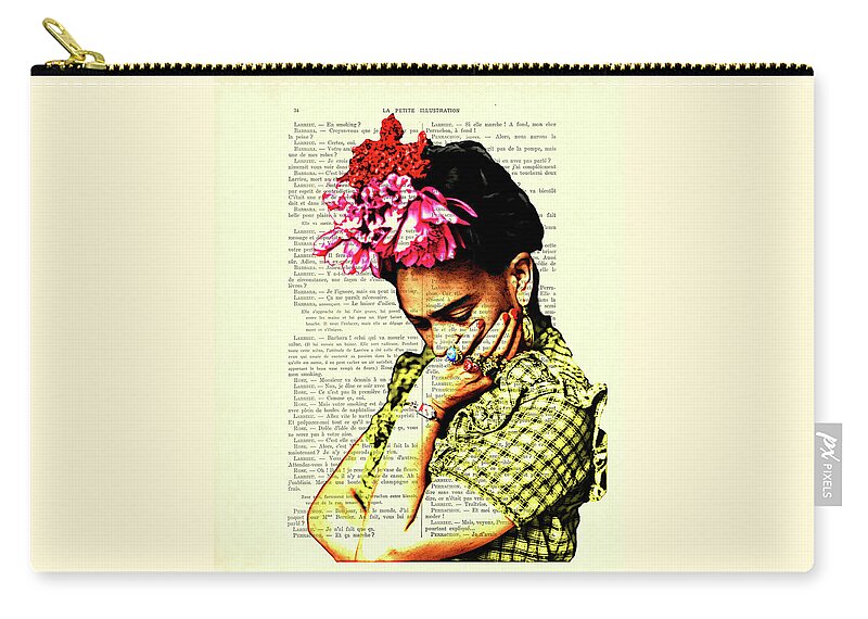 Frida Kahlo Zip Pouch featuring the digital art Frida Kahlo portrait in bright colors art by Madame Memento