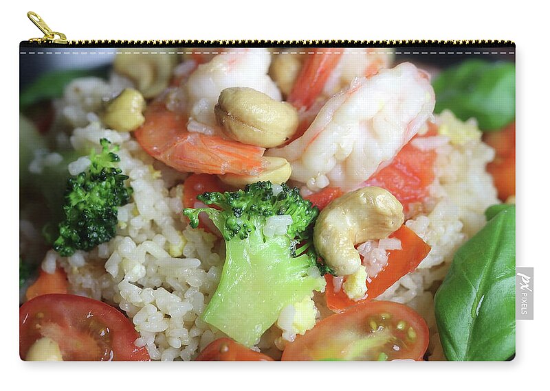 Rice Zip Pouch featuring the photograph Fried Rice With Nuts Shrimp Broccoli Basil And Tomatoes by Johanna Hurmerinta