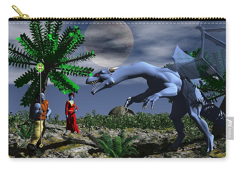 Digital Scifi Fantasy Dragon Zip Pouch featuring the digital art Friend or Foe by Bob Shimer