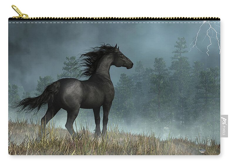 Friesian Horse And Approaching Storm Zip Pouch featuring the digital art Friesian Horse and Approaching Storm by Daniel Eskridge