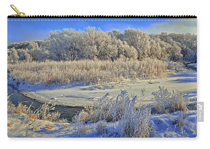 Winter Landscape Zip Pouch featuring the photograph Frost Along the Creek - Panorama by Bruce Morrison