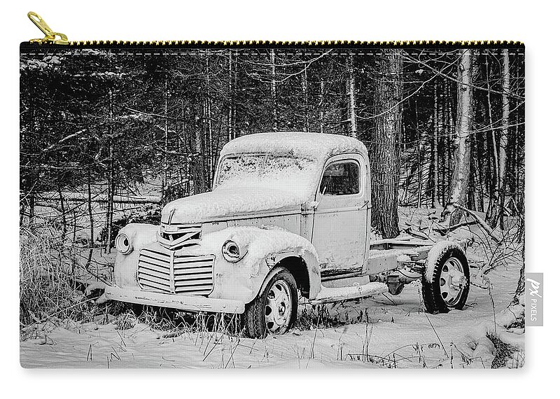 #fine Art Photograph #black And White Photograph #abandoned #wisconsin #old #antique #woods #forest #trees #shadows #history #old Parts #ford Truck #ford Automobile #walk In The Woods #afternoon Walk #afternoon Light #highlights #wall Decor #wall Art Zip Pouch featuring the photograph Frosted truck by David Heilman