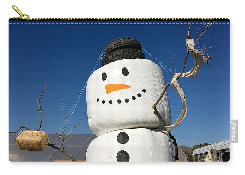 Frosty Zip Pouch featuring the photograph Frosty, a Hay Bale Snowman - Horizontal by Bill Swartwout