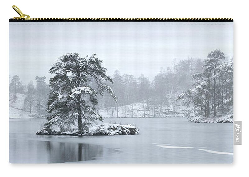 Panorama Zip Pouch featuring the photograph Frozen tarn hows covere din snow lake district by Sonny Ryse