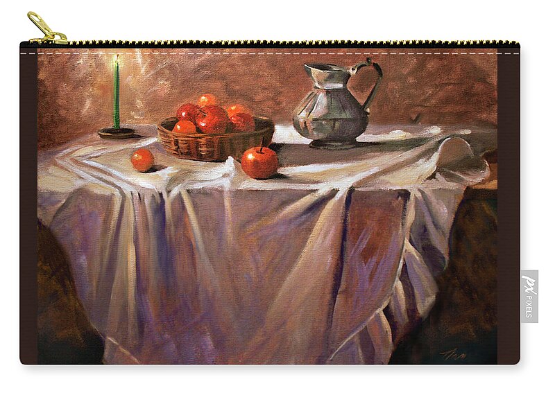 Still Life Zip Pouch featuring the painting Fruit by Candle Light by Nancy Griswold