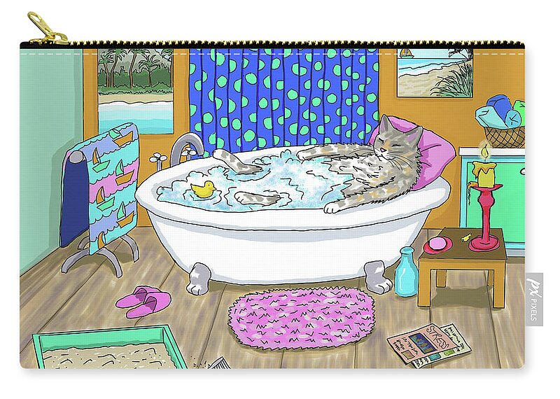 Cat Zip Pouch featuring the digital art Funny Cat in Bath Cat 665 by Lucie Dumas