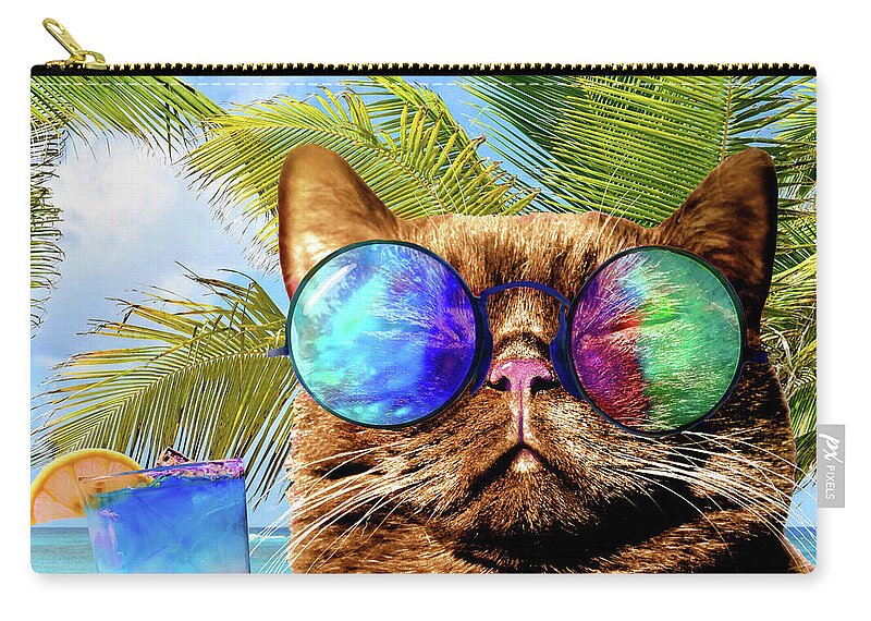 Cat Zip Pouch featuring the mixed media Funny Cat on Beach 675 by Lucie Dumas