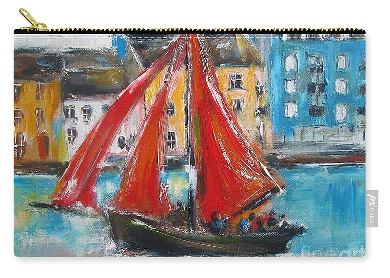 Galway Hooker Artwork Zip Pouch featuring the painting Painting of galway hooker art by Mary Cahalan Lee - aka PIXI