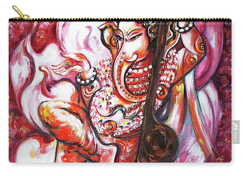 Ganesha Zip Pouch featuring the painting Ganesha - enjoying music by Harsh Malik