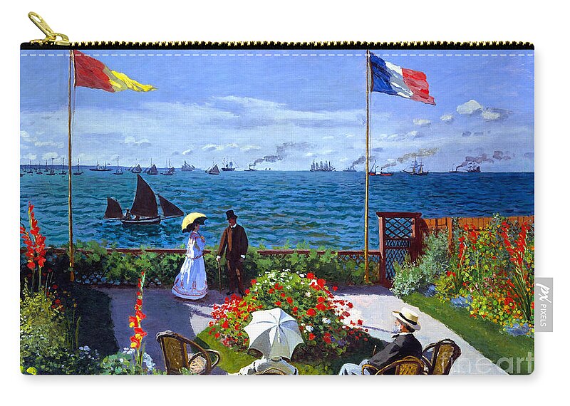 Claude Monet Zip Pouch featuring the painting Garden at Sainte Adresse by Claude Monet by Claude Monet