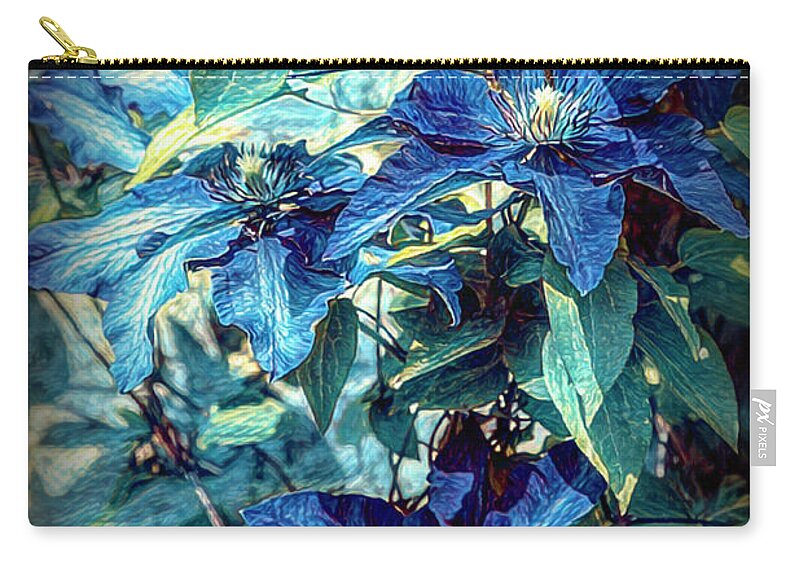 Clematis Zip Pouch featuring the photograph Garden Flowers in Blues by Debra and Dave Vanderlaan