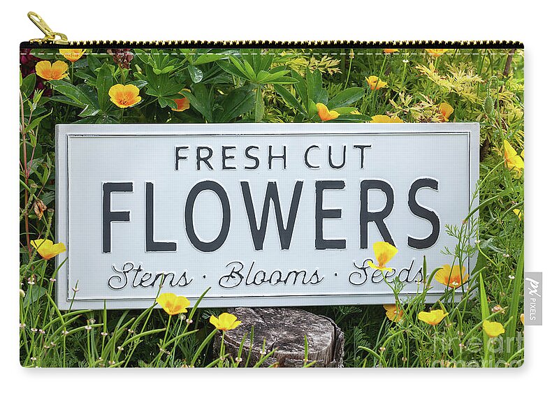 Flowers Zip Pouch featuring the photograph Garden flowers with fresh cut flower sign 0770 by Simon Bratt
