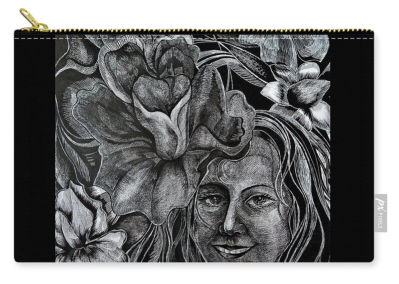 Black And White Zip Pouch featuring the drawing Garden. Night Iris by Anna Duyunova