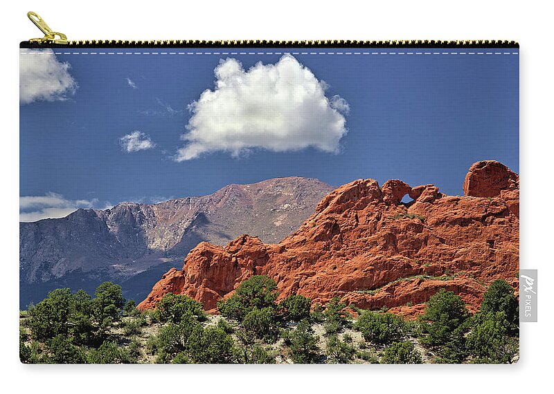 Garden Of The Gods Zip Pouch featuring the photograph Garden of the Gods and Pikes Peak by Bob Falcone