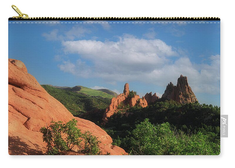 Garden Of The Gods Panorama Zip Pouch featuring the photograph Garden Of The Gods Panorama by Dan Sproul