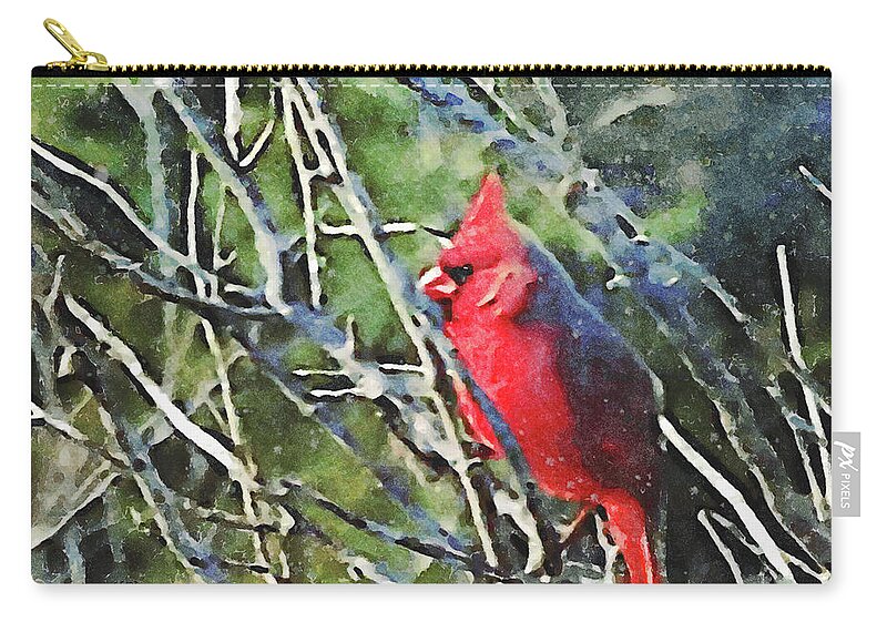 Redbird Zip Pouch featuring the mixed media Garden Redbird with Branches by Shelli Fitzpatrick