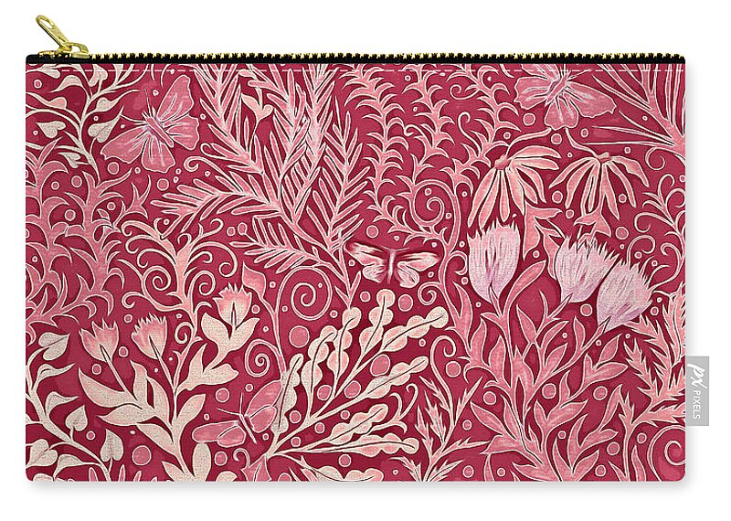 Garden Zip Pouch featuring the mixed media Garden Tapestry and Home Decor Design in Salmon Pink and Light Beige by Lise Winne