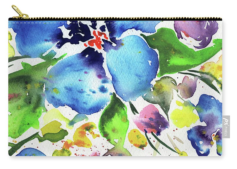 Abstract Flowers Zip Pouch featuring the painting Garden With Bright Splash Of Flowers Watercolor III by Irina Sztukowski
