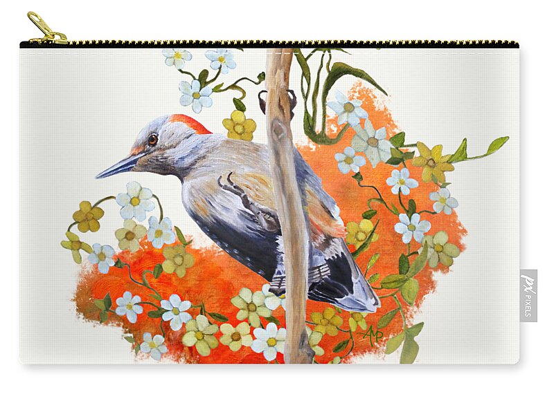 Woodpecker Zip Pouch featuring the painting Gardenwatch Woodpecker by Angeles M Pomata