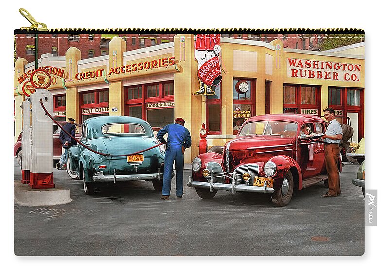 Washington Zip Pouch featuring the photograph Gas Station - The rush before rationing 1943 by Mike Savad
