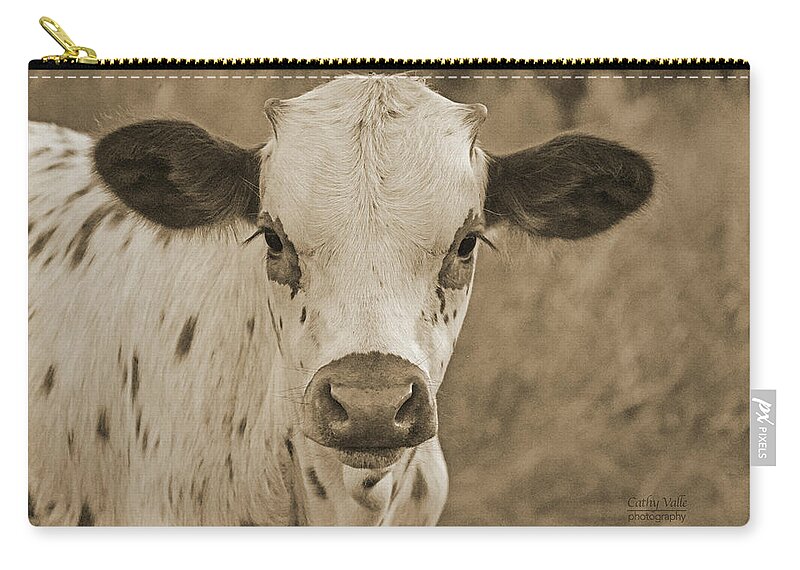 Texas Longhorn Calf Picture Zip Pouch featuring the photograph Georgie the longhorn calf in Sepia by Cathy Valle