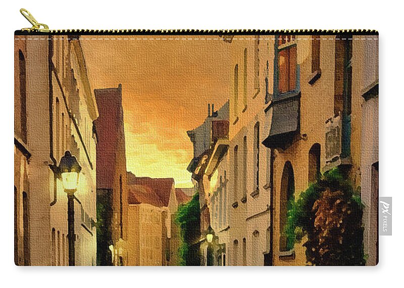 Ghent Carry-all Pouch featuring the digital art Ghent, Belgium Sunset Street Scene, Dry Brush on Canvas by Ron Long Ltd Photography