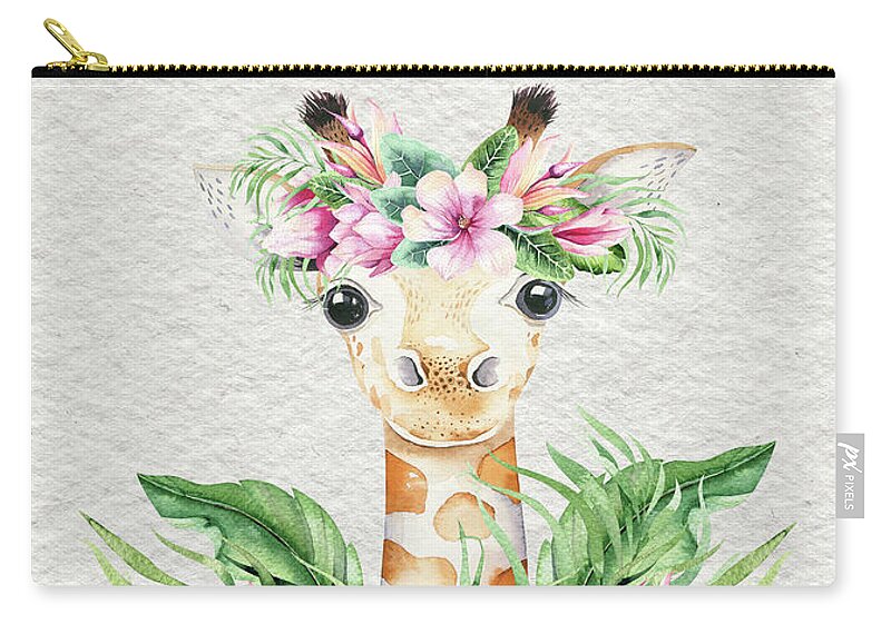 Giraffe Zip Pouch featuring the painting Giraffe With Flowers by Nursery Art