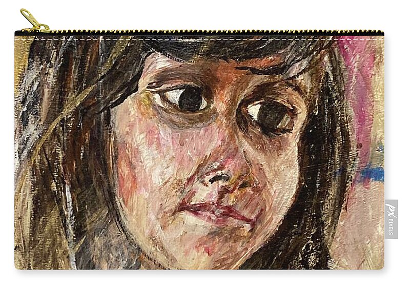 Portrait Of A Young Girl On Colorful Background. Part Of A Family Portraits Series. Zip Pouch featuring the painting Girl by David Euler